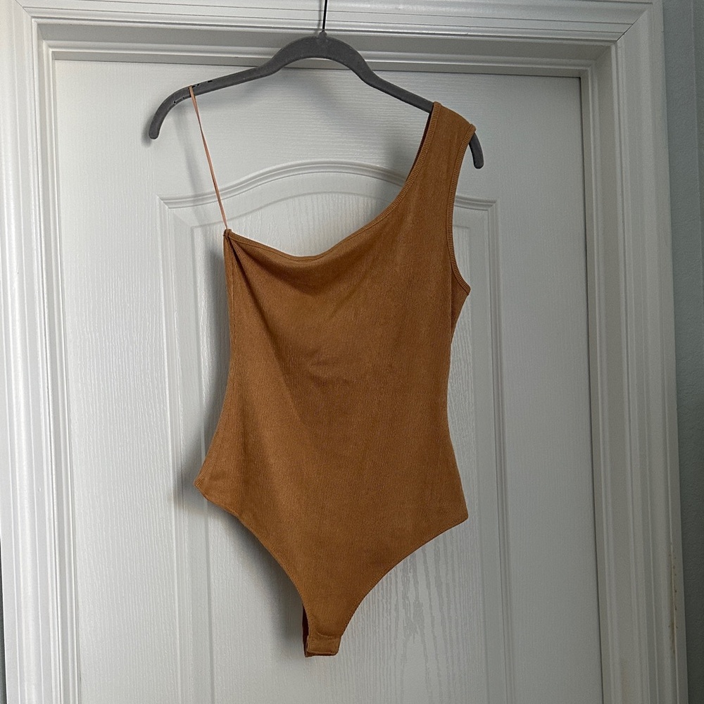 One-Shoulder Light Brown Bodysuit - Women's Asymmetric Style